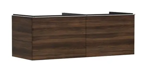 Waschtischunterschrank von Hansgrohe in dunkler Holzoptik mit zwei Schubkästen, geeignet für Aufsatzwaschtische. Schlichte, geometrische Formgebung.
